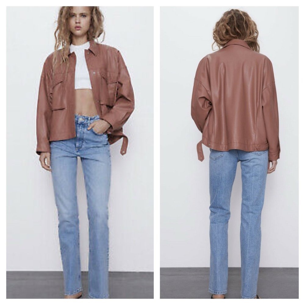 Zara Faux Leather Oversized Button Down Collared Jacket in Mid Pink Size Medium